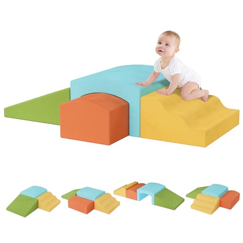 4-Piece Toddler Climbing Toys Indoor, Baby Climbing Blocks with a Tunnel, Soft Foam Play Climber for Toddlers, Play Gym Climber Structures for Toddler 1-3, Kids Climb and Crawl Set