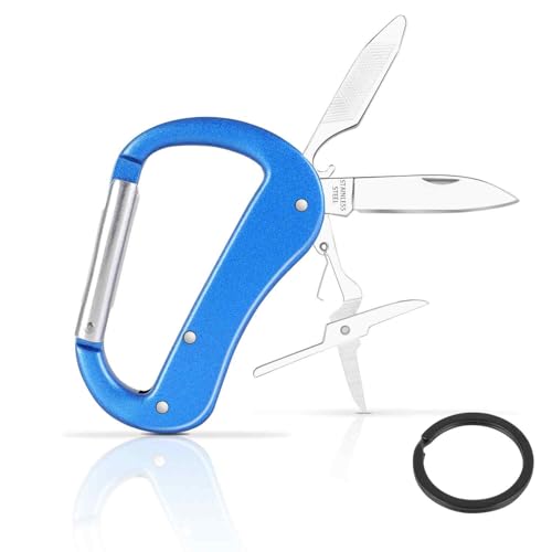 Multitool Carabiner with Pocket Knife, Stocking Stuffers Gifts for Men,Bottle Opener,Nail file,Small Scissors,EDC Carabiners Keychain,Survival Gear for Camping Hiking（Blue) - color: Blue