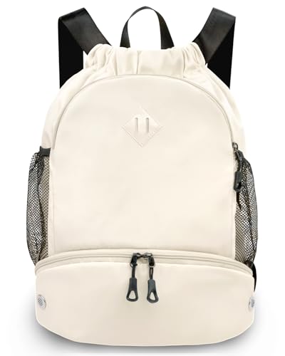 RHDZO Drawstring Backpack Gym Backpack with Shoe Compartment for Men Women String Sports Bag with Wet Pocket Cinch Swim Beach Bag, Large Beige - color: Large Beige, size: Large