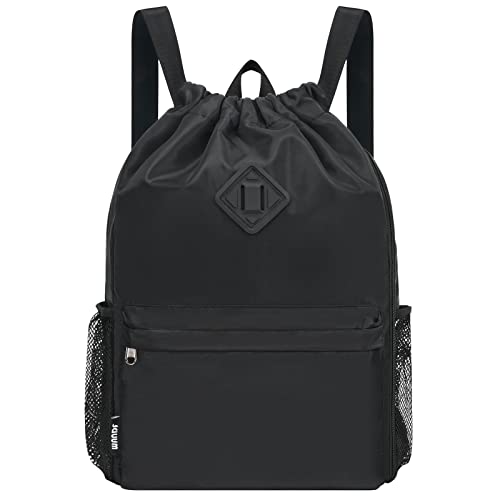 WANDF Drawstring Backpack with Shoe Compartment, Sports Gym Bag | Multi-Pocket Storage, Water-Resistant Fabric, Cinch String Bag - color: L, Black, size: Large