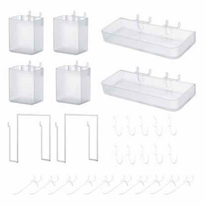 FZK 28-Packs Peg Board Organizer Accessories Kit, Transparent | Includes ABS bins, shelves, book racks, and pegboard hooks, fits standard pegboards, ideal for home, office and craft room - color: Clear