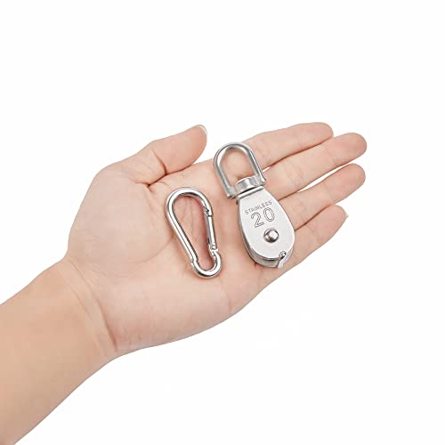 2X 304 Stainless Steel M20 Single Swivel Rope Pulley Blocks with Snap Hooks | 360° anti-twist swivel pulley. For lifting, towing & hanging wire rope on crane/outdoor. Has spring snap hooks for fast fit - size: M20-2pcs