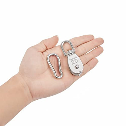 10x 304 Stainless Steel M20 Single Swivel Rope Pulley Blocks w/Snap Hooks | 360° anti-twist swivel pulley. For lifting, towing & hanging wire rope on crane/outdoor. Has spring snap hooks for fast fit - size: M20-10pcs
