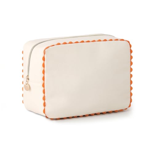 Canvas Makeup Bag for Women | Rainbow Rick Rack Trim,Mahjong Tile Travel Toiletry Organizer,Everyday Use, Beach and Gift for Girlfriend - color: Natural+Orange