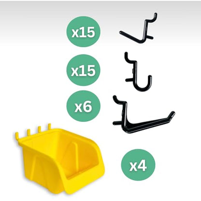 WallPeg 43 Pc. Peg Board Storage System - Pegboard Hook Assortment Organizer Bins Y/B # AM 302-2