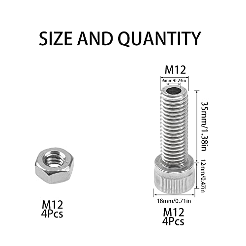 4Pcs 304 Stainless Steel Cylindrical Hollow Hexagon Socket Screw Lamp Threading Through Hole Bolt with Nut (M12x35) - size: M12x35