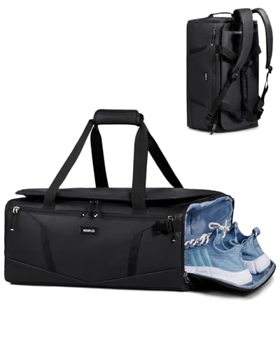 ECOHUB 40L Gym Bag for Women Men Water Resistant Sports Duffle Bag with Shoe Compartment & Wet Pocket, Travel Weekender Camping Backpack - color: Black