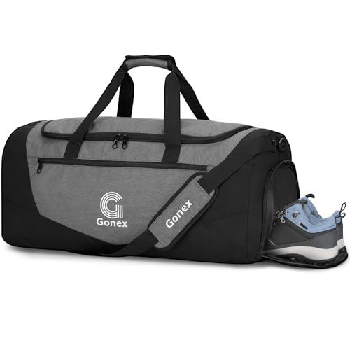 Gonex 60L Gym Duffel Bag with Shoe Compartment, Large Capacity | Water-Repellent Polyester, Wet Pocket, Multiple Storage, 3 Carry Options, Gym, Sports & Travel - color: Black/Gray, size: Medium (26inch / 60L)