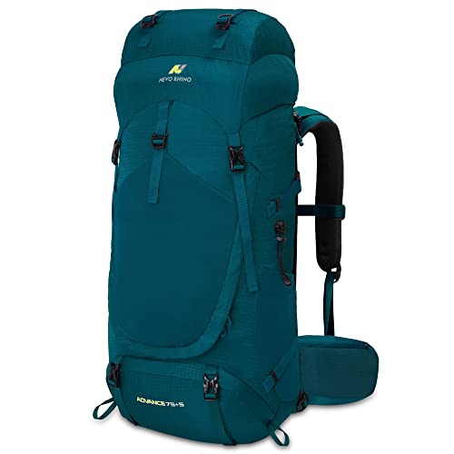 N NEVO RHINO Internal Frame Hiking Backpack 50/60/65/70/80L with Rain Cover | Backpacking Backpack with Padded Hip Belt, Multi-Pockets, Pole Loops, Waterproof Daypack for Men Women Climbing Camping - color: 20 Green, size: 75+5L