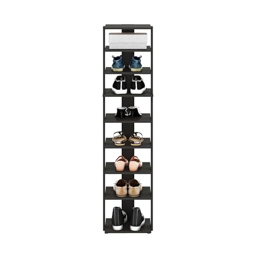Furinno Compact Vertical Shoe Rack, 9-Tier Narrow Shoe Organizer, Free Standing Shoe Storage, Shoe Shelf for Boots, Sneakers, 12 x 12.6 x 51, for Closet, Entryway, Office, Garage, Espresso