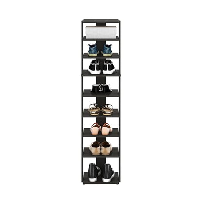 Furinno Compact Vertical Shoe Rack, 9-Tier Narrow Shoe Organizer, Free Standing Shoe Storage, Shoe Shelf for Boots, Sneakers, 12 x 12.6 x 51, for Closet, Entryway, Office, Garage, Espresso