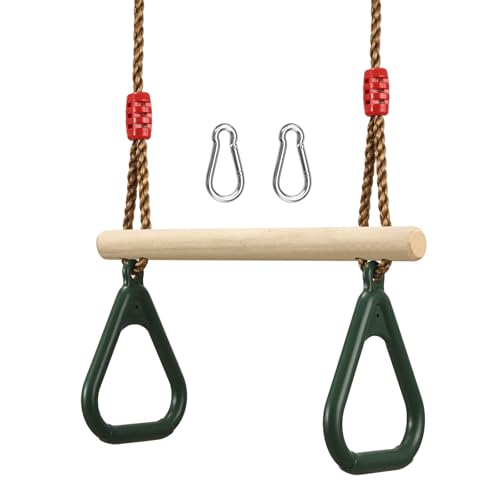 PELLOR Playground Children's Wooden Trapeze Swing Bar with Plastic Gym Rings Swing Set for Indoor & Outdoor Fun - color: Green
