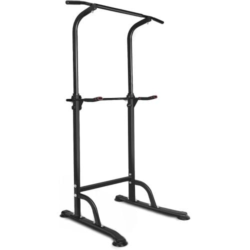 Power Tower Workout Station, Height Adjustable 66.5"-82.7" Multi-Function Dip Stand with 330 LBS Capacity, Pull Up Bar for Home Gym Strength Training, Heavy Duty Steel Frame, Black