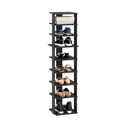 Furinno Compact Vertical Shoe Rack, 9-Tier Narrow Shoe Organizer, Free Standing Shoe Storage, Shoe Shelf for Boots, Sneakers, 12 x 12.6 x 51, for Closet, Entryway, Office, Garage, Espresso