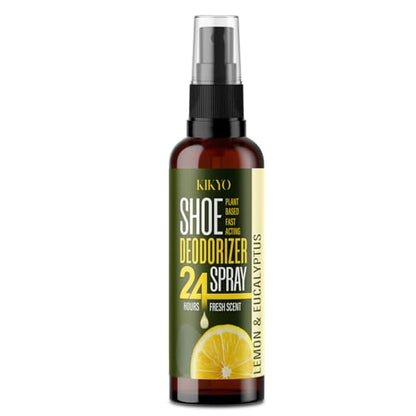 KIKYO Shoe Deodorizer Spray - Natural Plant-Powered Odor Eliminator for Smelly Shoes, Sneakers, Work Boots, 24 Fresh Protection & Lemon Eucalyptus Scent, 4 oz