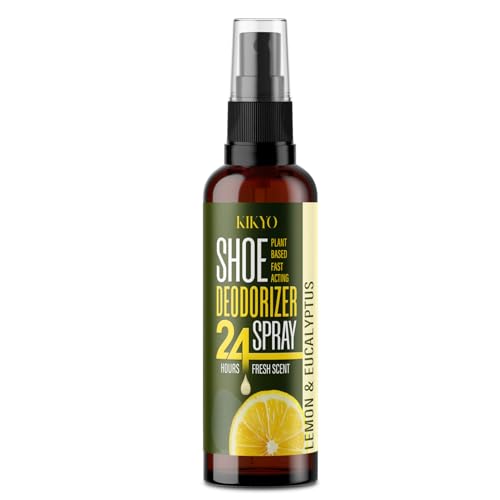 KIKYO Shoe Deodorizer Spray - Natural Plant-Powered Odor Eliminator for Smelly Shoes, Sneakers, Work Boots, 24 Fresh Protection & Lemon Eucalyptus Scent, 4 oz