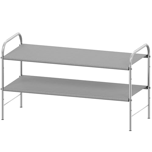 Simple Houseware 2-Tier Shoe Rack Storage Organizer, 12 Pairs, Grey | Space-Saving Shoe Shelf with Sturdy Metal Frame and Non-Woven Fabric Shelves for Entryway, Garage & Corridor - color: Grey, size: 2-Tier