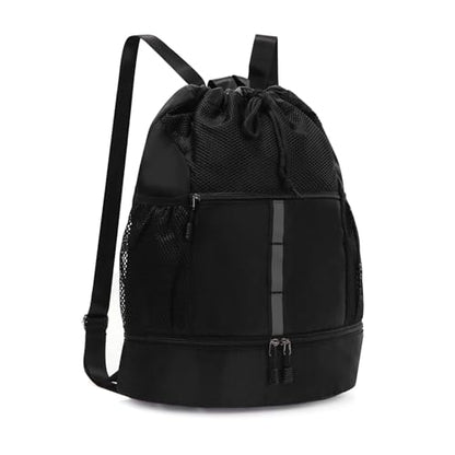 Valleycomfy Drawstring Gym Bag Sports Backpack With Shoe Compartment Black | Reflective Strips Top Handle - color: Black