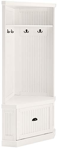 Crosley Furniture Seaside Corner Hall Tree with Shoe Rack Bench and Coat Hooks for Hanging Storage, Distressed White - color: Distressed White, style: Corner Hall Tree