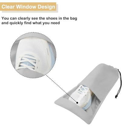 4 Pcs Single Shoe Bags for Travel, Drawstring Shoe Bags with Clear Window | 9.1"x17.7" Fits Most Shoes, Dust Resistant, Washable & Reusable, Travel Shoe Storage Bags for Men & Women - color: Grey