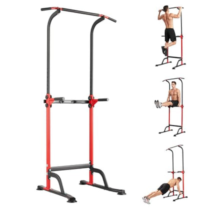Power Tower Home Gym Strength Training Station Adjustable 10 Height Levels, Heavy-Duty Chin-Up Tower with Parallel Dip Handles, Bodyweight Workout Equipment for Pull-Ups, Dips, Knee Raises, Push-Ups, 330 Lb Capacity - color: Red