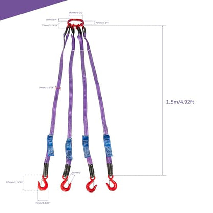 Pindex 5ft 3t Chain Sling for Lifting, 6610lbs Polyester Strap Lifting Sling Chain Hoist with G80 Alloy Steel 4 Legs Grab Hook and Adjuster, Adjustable Length and Angle for Safe Towing - size: 5Ft 3T Polyester