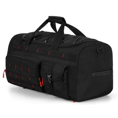 Gonex 45L Tactical Duffel Bag, 3-in-1 Gym & Travel Bag | Shoe compartment, Tactical gear loops, Water-repellent lining, 5 zip pockets, Weekend travel - color: Black with Red Accents, size: 45L