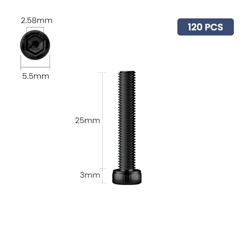 120pcs M3 x 25mm Hex Socket Head Cap Screws Bolts, 12.9 Grade Alloy Steel, Black Oxide Finish, Allen Socket Drive, Full Threads,with Hex Spanner - size: M3 x 25mm