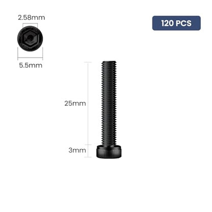 120pcs M3 x 25mm Hex Socket Head Cap Screws Bolts, 12.9 Grade Alloy Steel, Black Oxide Finish, Allen Socket Drive, Full Threads,with Hex Spanner - size: M3 x 25mm
