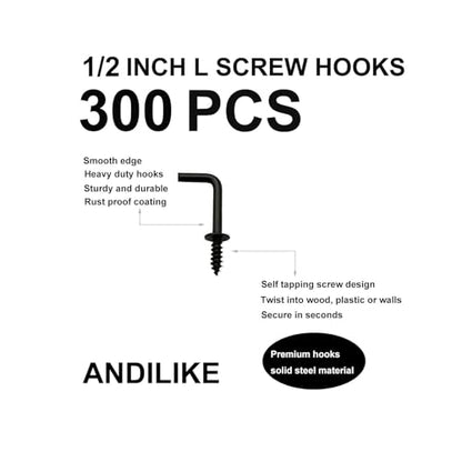 300 PCS 1/2 Inch Screw in Hooks, Mini 7 Shaped Right Angle Screw Hanger,Black L Shaped Hook, Perfect for Lamp,Plants,Decorations,kitchenware and DIY Crafts - size: 1/2inch 300pcs