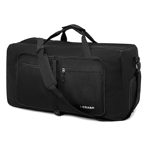 65L Foldable Duffle Bag with Shoe Compartment - Large Travel Duffel Bag for Men & Women, Packable Weekend Bag with Trolley Sleeve, Water-Resistant & Lightweight Gym Bag for Travel, Sports (Black) - color: Black
