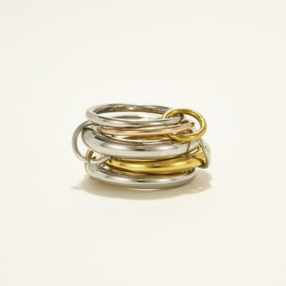 Shapes Studio Trio Linked Ring, stackable Ring, Minimalism style for women, Never Tarnish - size: 6, style: Five Band ( Three Silver, One Gold, One Rose Gold)