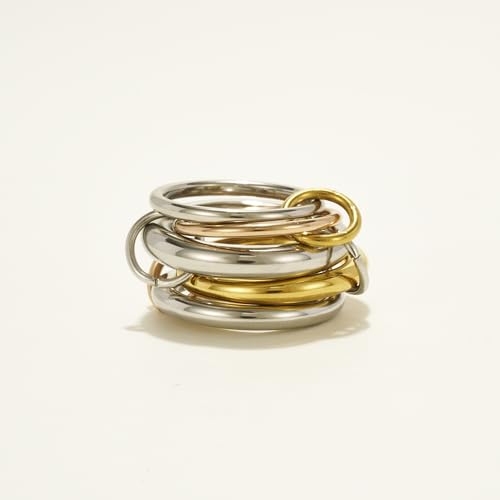 Shapes Studio Trio Linked Ring, stackable Ring, Minimalism style for women, Never Tarnish - size: 7, style: Five Band ( Three Silver, One Gold, One Rose Gold)