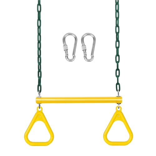 LadyRosian 17" Gym Trapeze Swing Bar Rings 47" Heavy Duty Chain Swing Set Accessories with Locking Carabiners Plastic Coated Chains Monkey Bars for Backyard, Playroom (Yellow) - color: Yellow, size: 17"