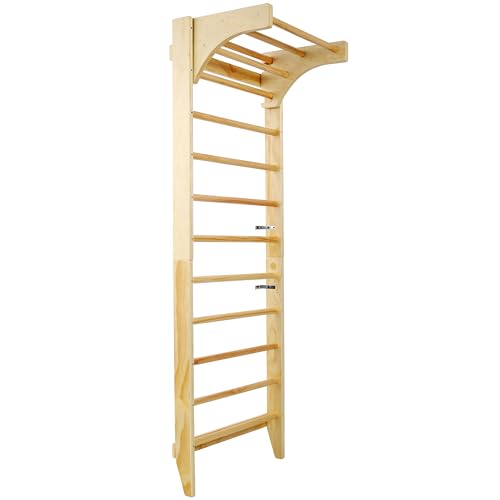 Swedish Ladder with Adjustable Pull‑Up Bar, Stall Bars Set for Physical Therapy Gymnastics Home Gym Strength Training, Durable Beech and Pine Wall Mounted Climbing Ladder for Fitness and Rehab - size: 86.6 H