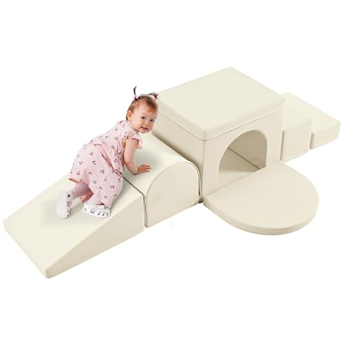 Merax Indoor Soft Foam Tunnel Climber, Toddler Climbing Toys with Tunnel, Steps and Ramp, Soft Climb and Crawl Playset Baby Soft Foam Blocks, 7-piece - color: Pastel Cream