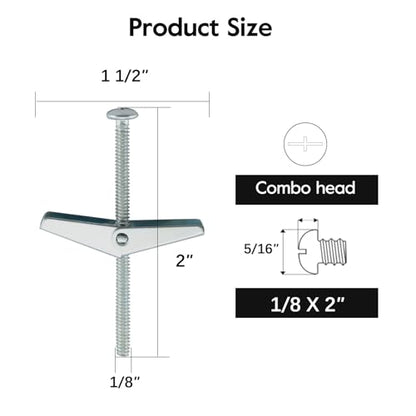 Toggle Bolts 1/8", 20pcs Butterfly Toggle Anchors for Drywall, Mental Hollow Wall Anchors, HOME MASTER HARDWARE Toggle Bolt and Wing Nut Set - size: 1/8"(30pcs)