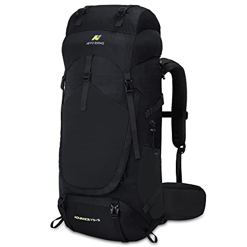N NEVO RHINO Internal Frame Hiking Backpack 50/60/65/70/80L with Rain Cover | Backpacking Backpack with Padded Hip Belt, Multi-Pockets, Pole Loops, Waterproof Daypack for Men Women Climbing Camping - color: 21 Black, size: 75+5L