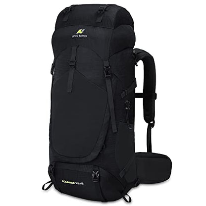 N NEVO RHINO Internal Frame Hiking Backpack 50/60/65/70/80L with Rain Cover | Backpacking Backpack with Padded Hip Belt, Multi-Pockets, Pole Loops, Waterproof Daypack for Men Women Climbing Camping - color: 21 Black, size: 75+5L