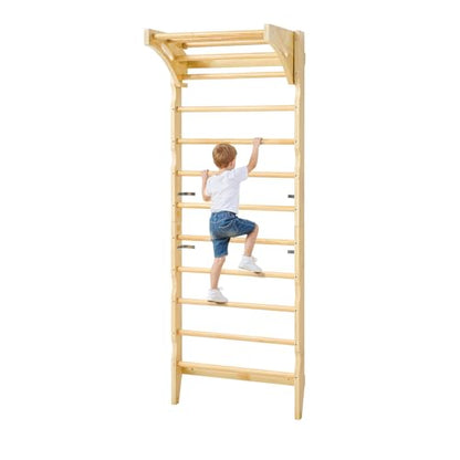 VEVOR Swedish Ladder Wall Gym, 2-in-1 10-Level Indoor Jungle Gym, 220LBS Loading Solid Wood Gymnastic Stall Bars for Kids & Adults, Indoor Playground Climbing Playset with Pull-Up Bar, Wall Ladder - style: 10-Level 2-in-1