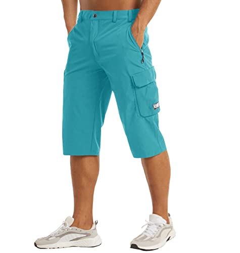 MAGCOMSEN Men's Workout Gym Shorts Quick Dry 3/4 Capri Pants Zipper Pockets Hiking Athletic Running Shorts - color: Lake Blue, size: 32