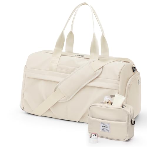 Gym Bag for Women Men, Sport Duffel Bag with Toiletry Bag & Shoe Compartment,Waterproof Travel Weekender Overnight Carry on Bag for Yoga with Trolley Sleeve, Beige Set - color: A6-Beige Set