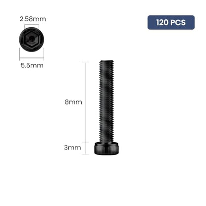 120pcs M3 x 8mm Hex Socket Head Cap Screws Bolts, 12.9 Grade Alloy Steel, Black Oxide Finish, Allen Socket Drive, Full Threads,with Hex Spanner - size: M3 x 8mm