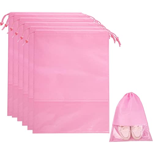 6 Pcs Travel Shoe Bags, ULIFEMALL Large Non-Woven Drawstring Shoes Storage Bag with Transparent Slot Clear Window Portable Waterproof Dustproof Shoes Pouch Packing Organizer for Men Women, Pink - color: Pink, size: 12.6" x 17.3"