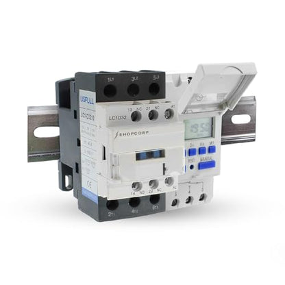 3 Pole Contactor 30 amp Normally Open, Auxiliary 1NO/1NC 110/120V Coil, Motor Load 32A, Lighting 40A, 50A - AC Contactor Bundle with Programmable Timer Relay and DIN Rail 35 x 150 mm - style: 3 Poles Contactor + Timer