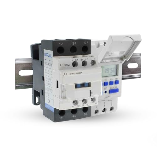 3 Pole Contactor 30 amp Normally Open, Auxiliary 1NO/1NC 110/120V Coil, Motor Load 32A, Lighting 40A, 50A - AC Contactor Bundle with Programmable Timer Relay and DIN Rail 35 x 150 mm - style: 3 Poles Contactor + Timer