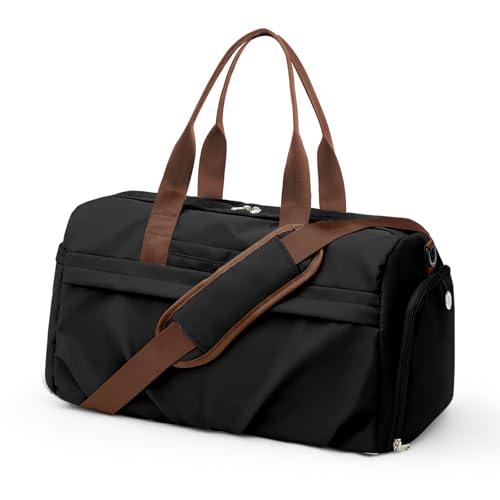 Gym Bag for Women Men with Shoe Compartment, Sport Duffel Bag, Waterproof Travel Weekender Overnight Carry on Bag for Yoga with Trolley Sleeve, Black Brown - color: A10-Black Brown