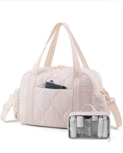 LOVEVOOK Duffle Bag for Travel, Puffer Weekender Gym Bags for Women with Wet Pocket, Lightweight Carry On Bag Overnight Bag with Toiletry Bag, Hospital Bags for Labor - color: Beige, size: 20L-2 Pcs