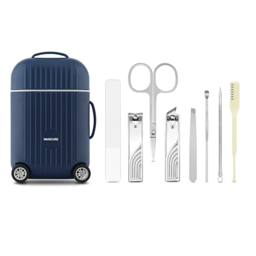 Manicure Set, 8-Piece Stainless Steel Nail Clipper Kit in Mini Travel Suitcase, Portable Grooming Tools for Men and Women (Blue) - color: Blue
