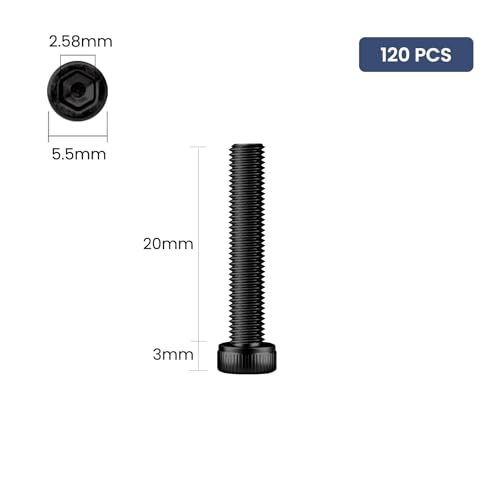 120pcs M3 x 20mm Hex Socket Head Cap Screws Bolts, 12.9 Grade Alloy Steel, Black Oxide Finish, Allen Socket Drive, Full Threads,with Hex Spanner - size: M3 x 20mm